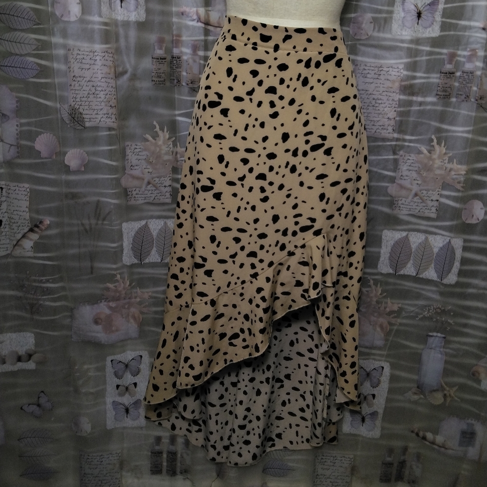 Shein Tannish Brown Black Leopard Print Asymmetric Ruffle Hem Midi Skirt Large - Picture 2 of 9